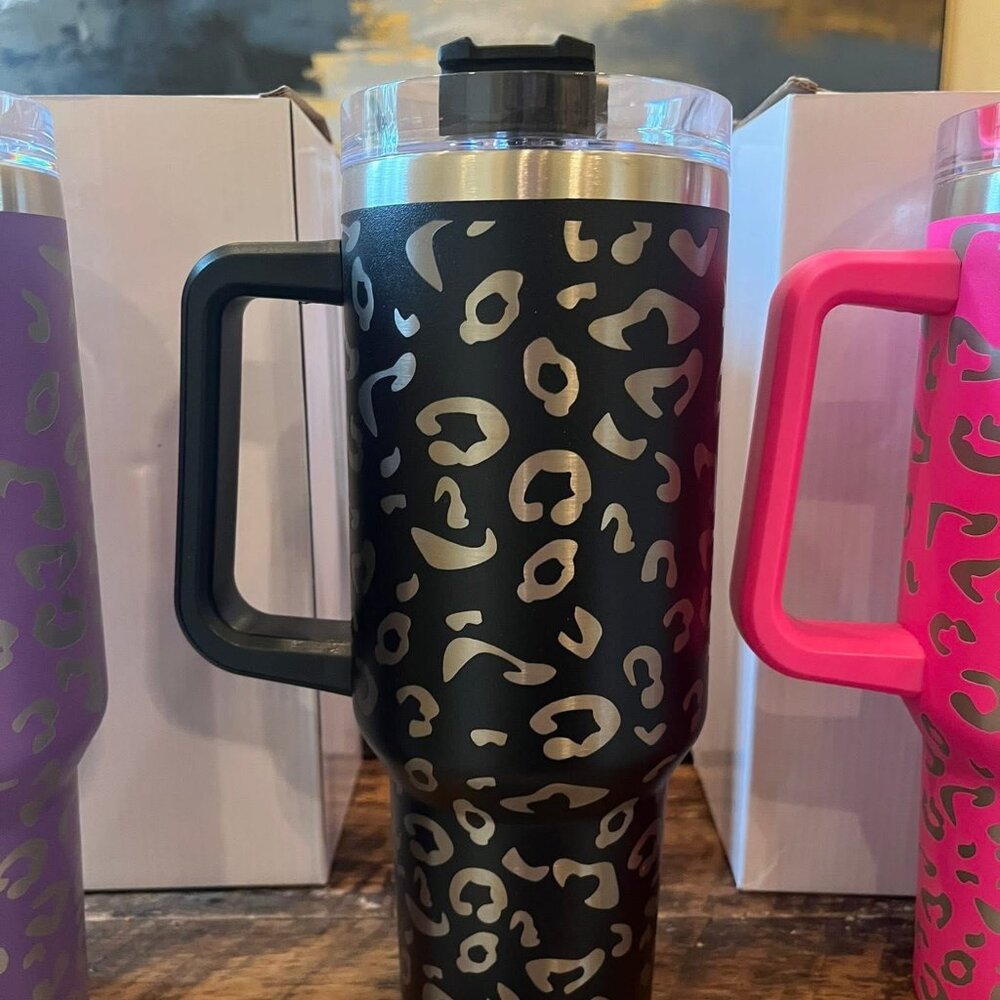 Stainless Steel Tumbler - 40 oz, Black Cheetah Print - with Straw and Handle